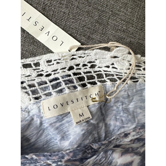 Lovestitch Womens Boho Crochet Lace Trim Top Medium Gray White Chevron Pattern - Picture 4 of 7